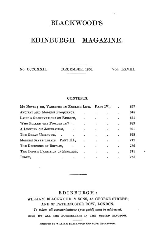 Blackwood's Edinburgh Magazine, Vol. 68, No 422, December 1850