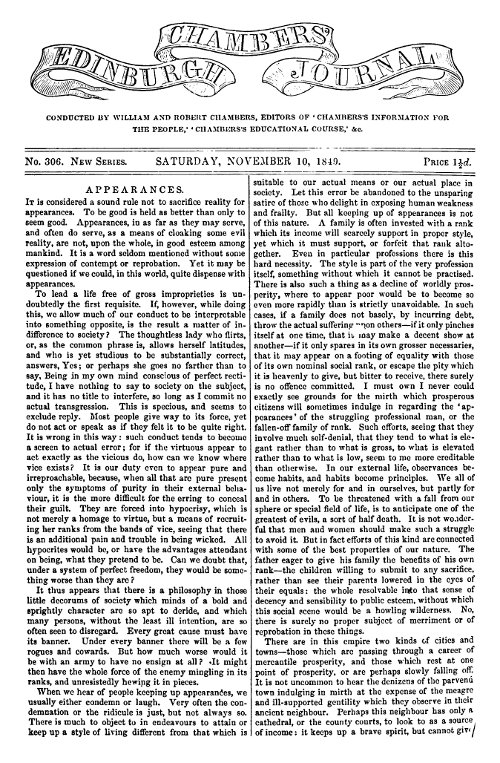 Chambers's Edinburgh Journal, No. 306  New Series, Saturday, November 10, 1849