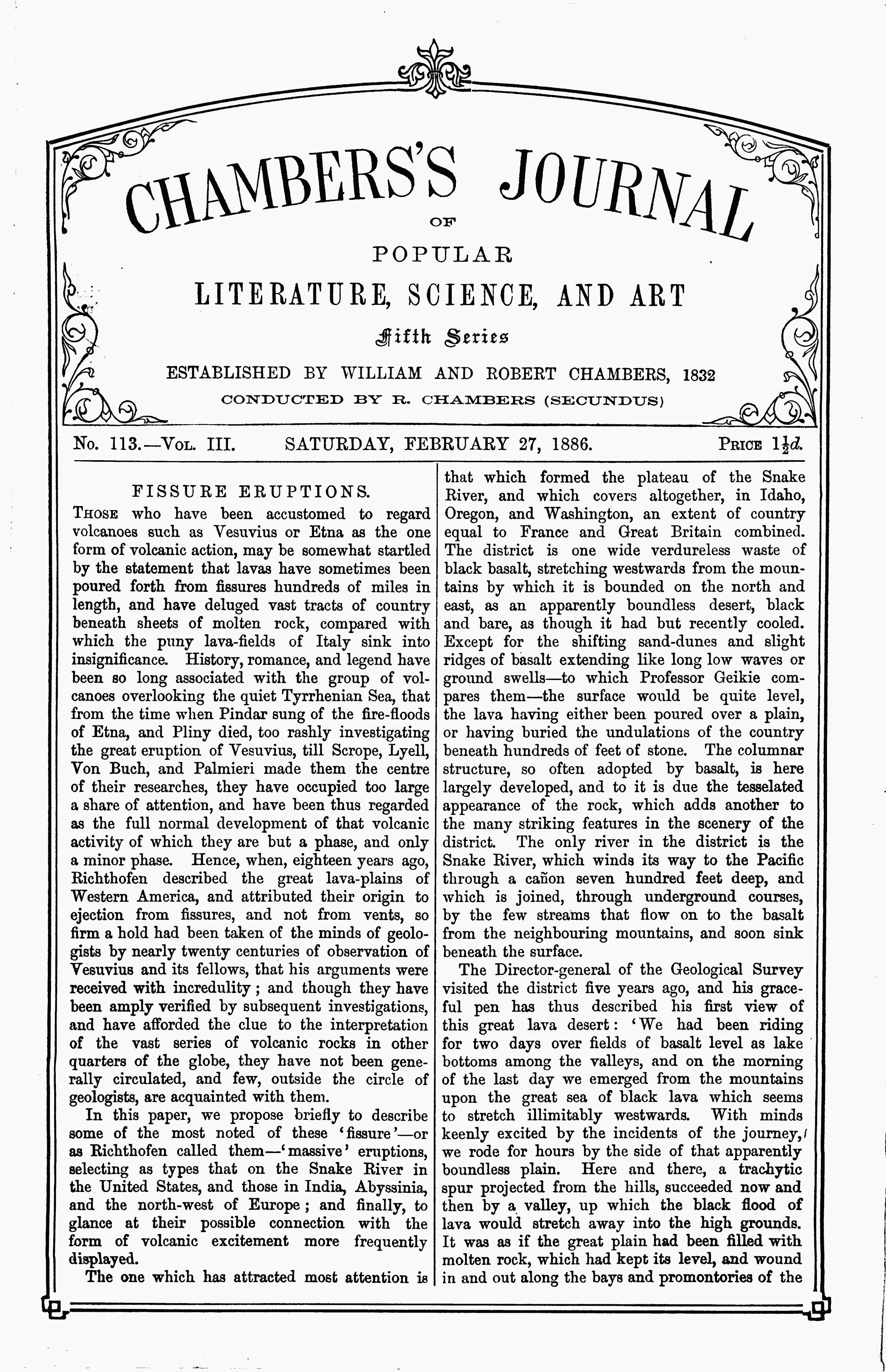 Chambers's Journal of Popular Literature, Science, and Art, Fifth Series, No. 113, Vol. III, February 27, 1886