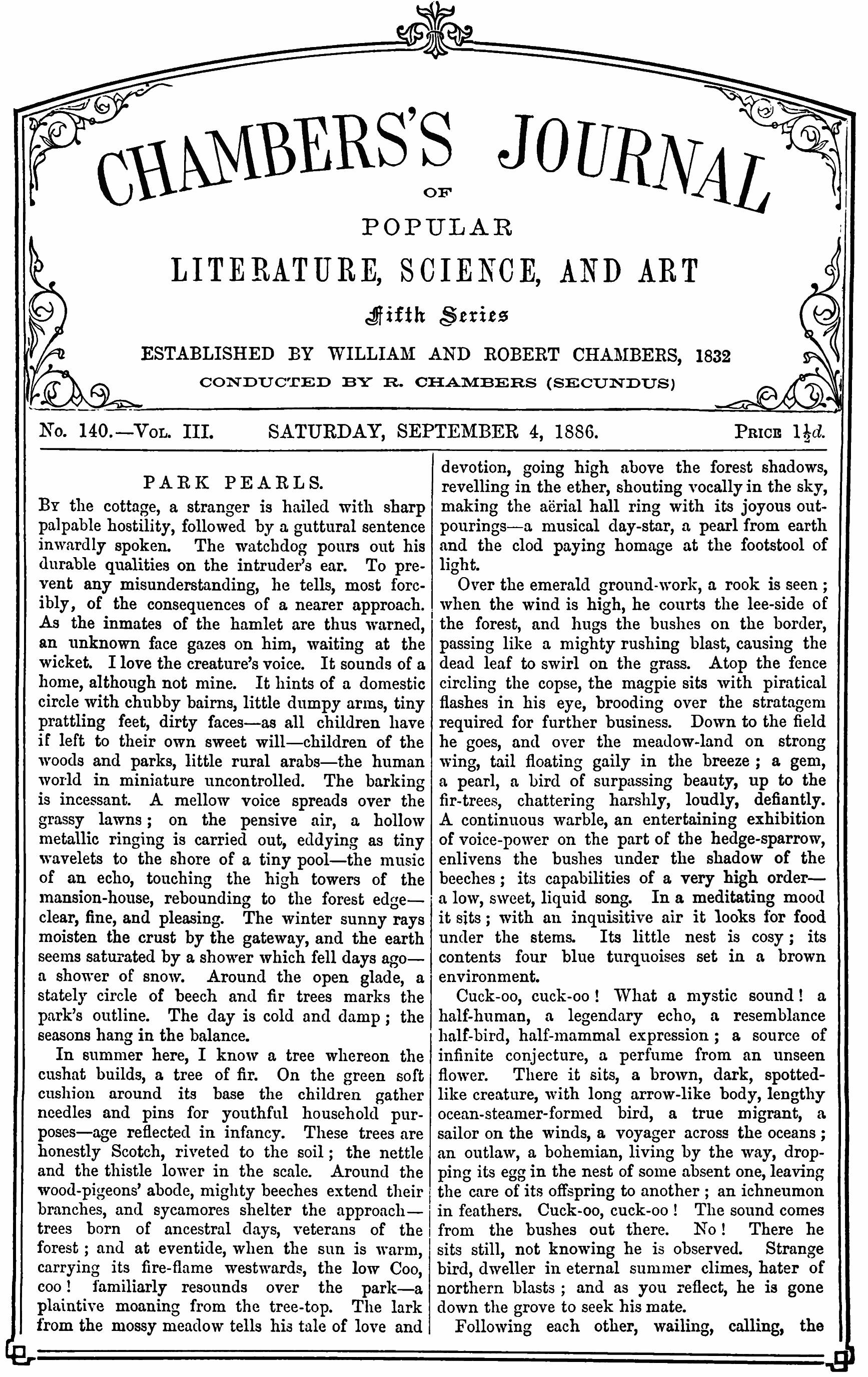 Chambers's Journal of Popular Literature, Science, and Art, fifth series, no. 140, vol. III, September 4, 1886