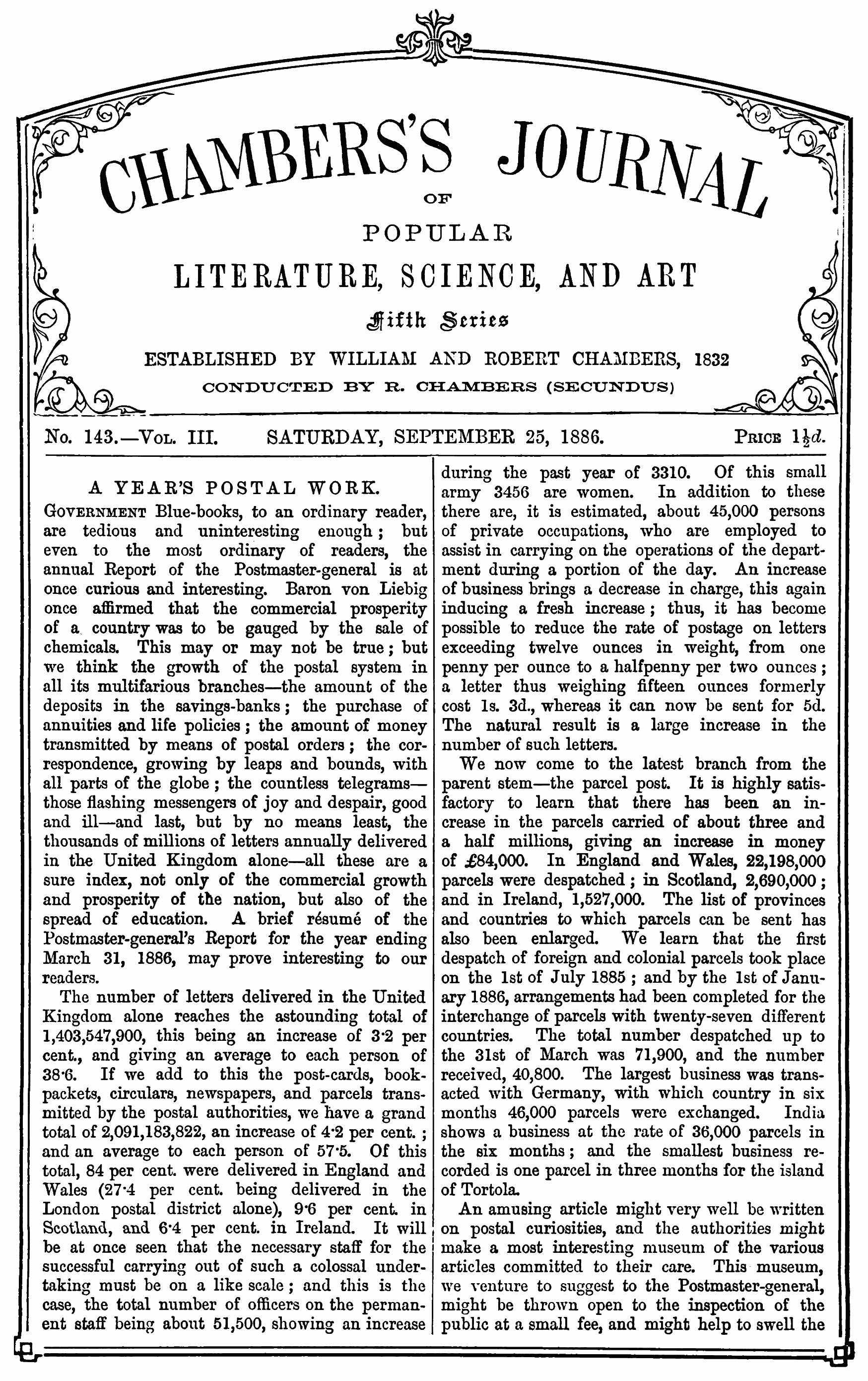 Chambers's Journal of Popular Literature, Science, and Art, fifth series, no. 143, vol. III, September 25, 1886