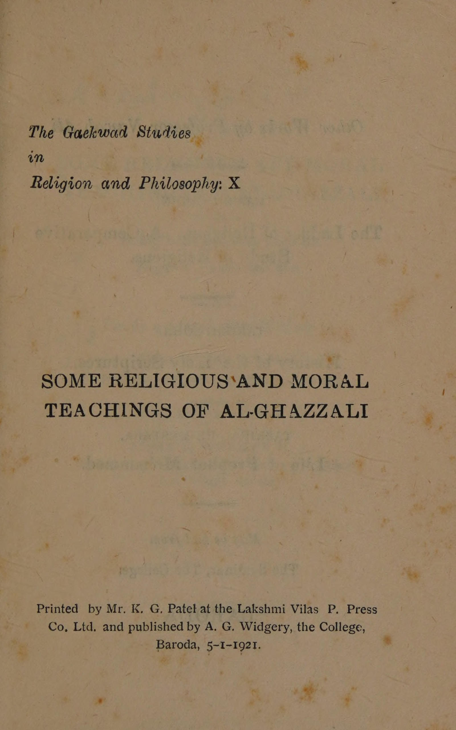 Some religious and moral teachings of Al-Ghazzali